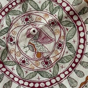 Hand Embroidered Accent Pillow Cover 18” cotton muslin signed bird motif